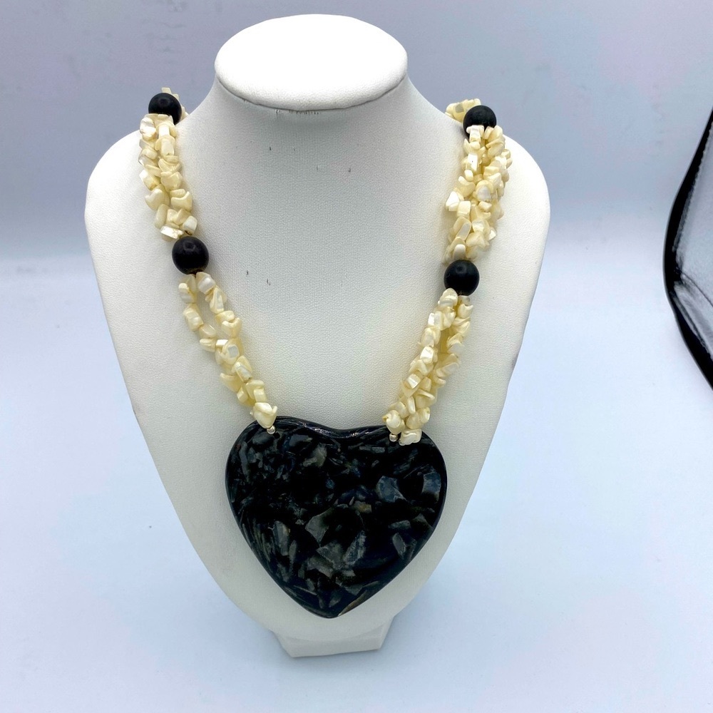 Vintage Indigo Gabbro Heart Shaped Necklace With Mother of Pearl